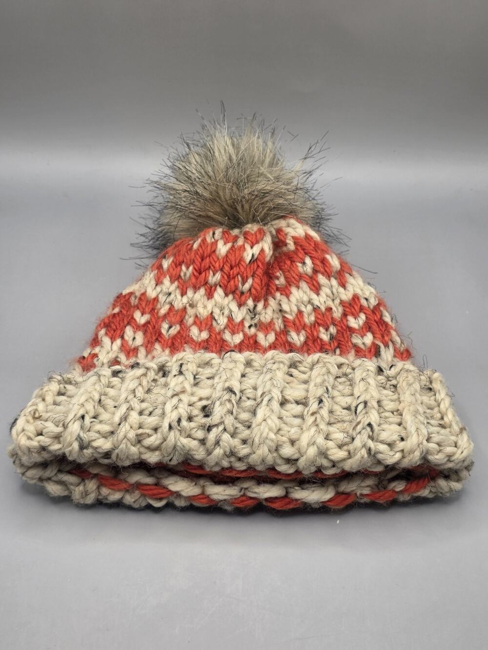 Chunky Knit Pom Beanie Hat Orange Beige Thick Fair Isle Winter Ski Cap Faux Fur